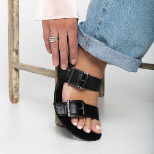 Lifestyle image for Reese Backstrap Sandal - Black Tumbled Leather